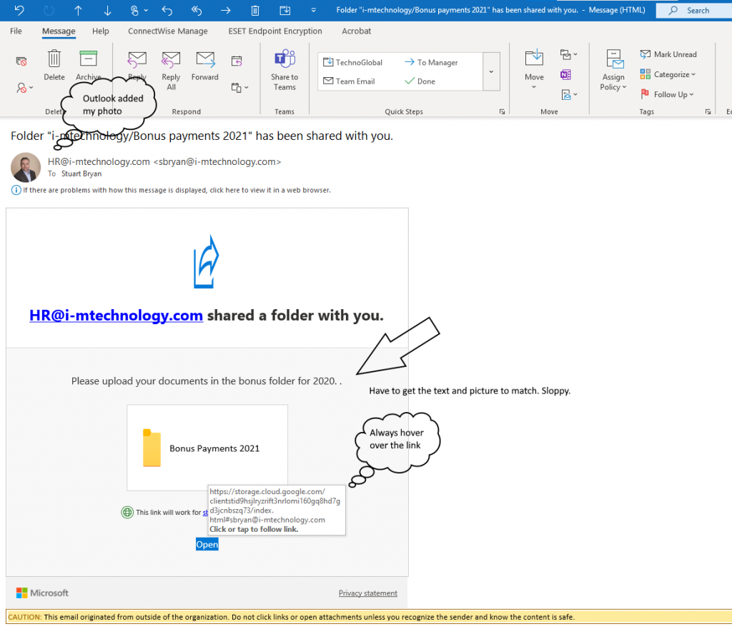 An example of a phishing email attempt