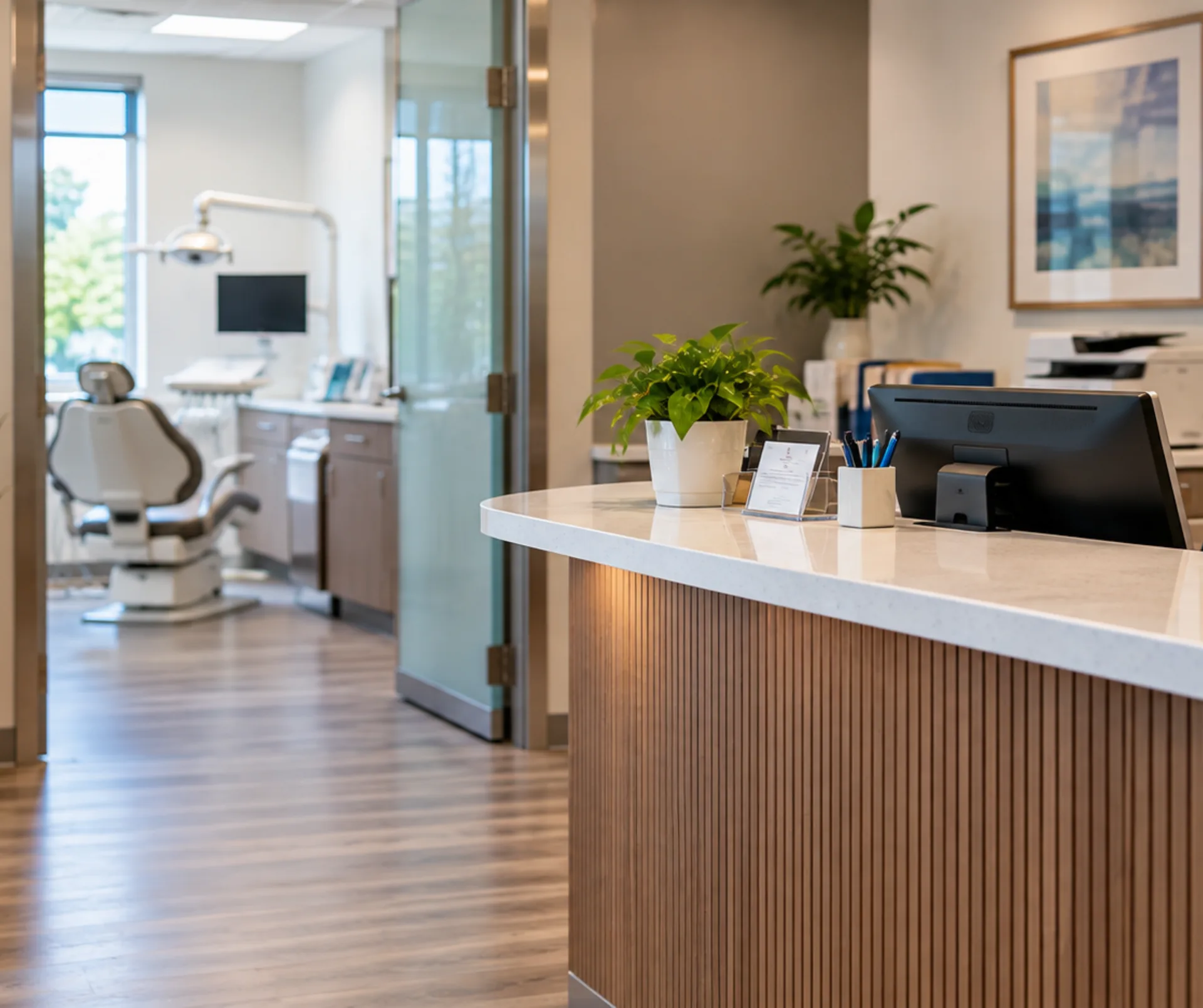 Dental practice front desk and treatment room