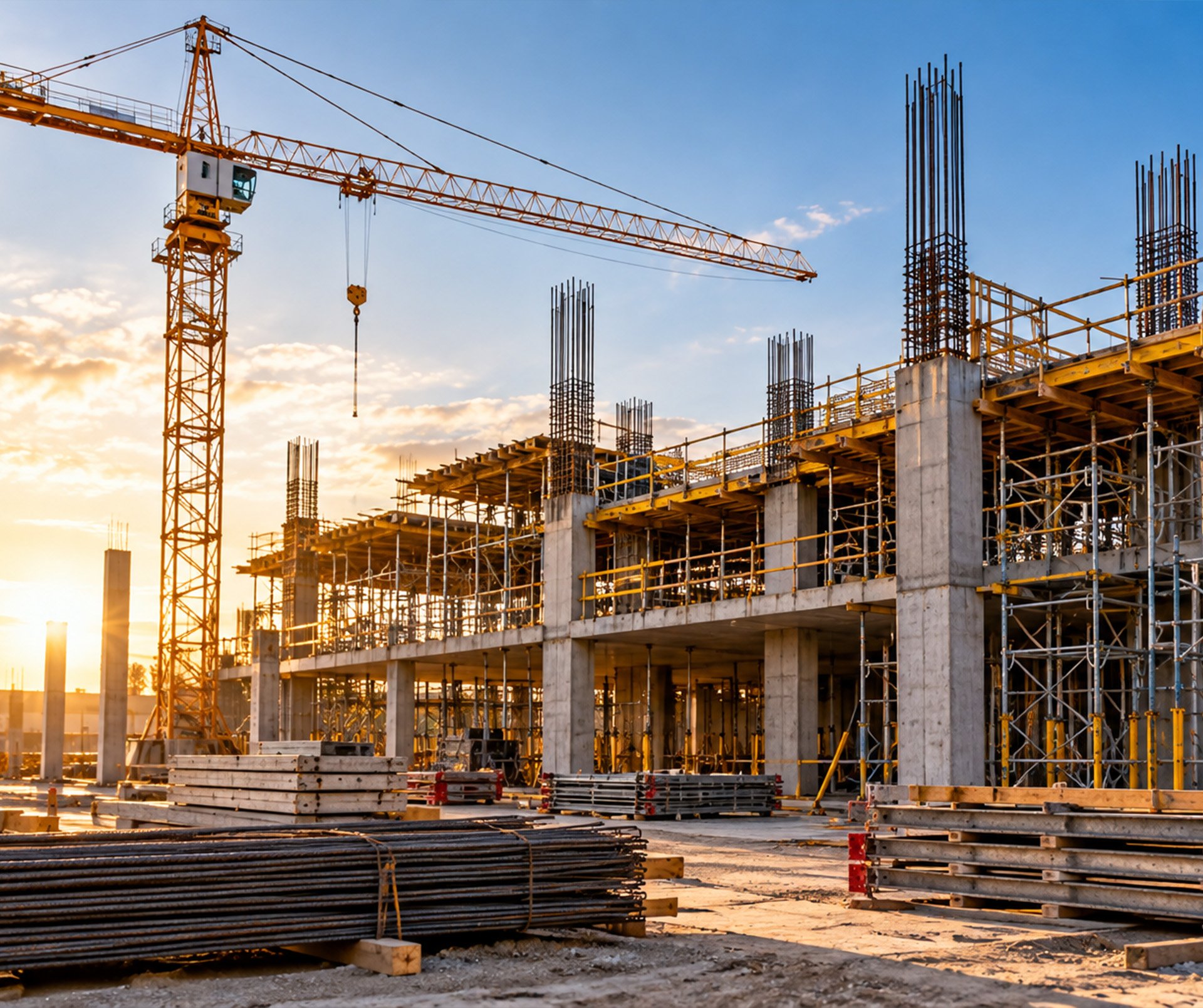 Construction site with crane and steel framing at sunrise